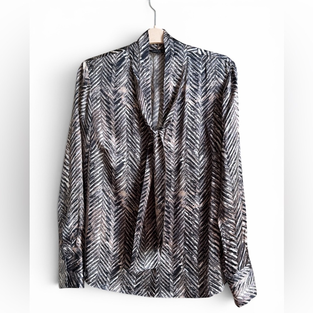Lafayette 148 New York Chevron Metallic Grey & Silver 100% Silk Tie-Neck Blouse